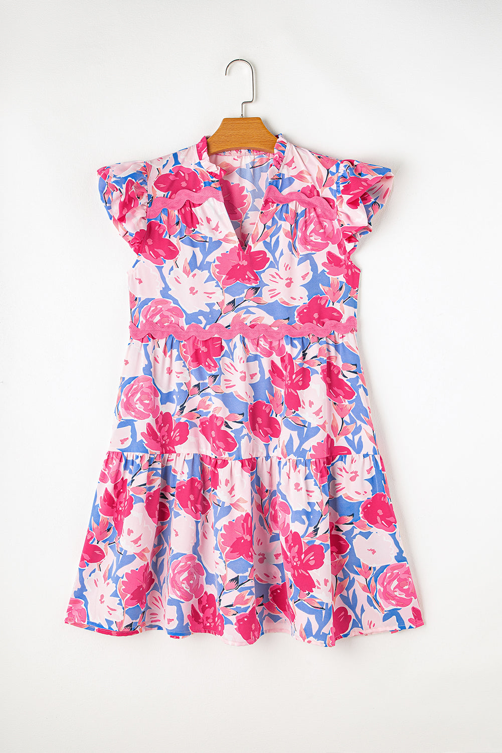 Pink Floral Printed V Notched Ric Rac Flutter Sleeve Dress Floral Dresses JT's Designer Fashion