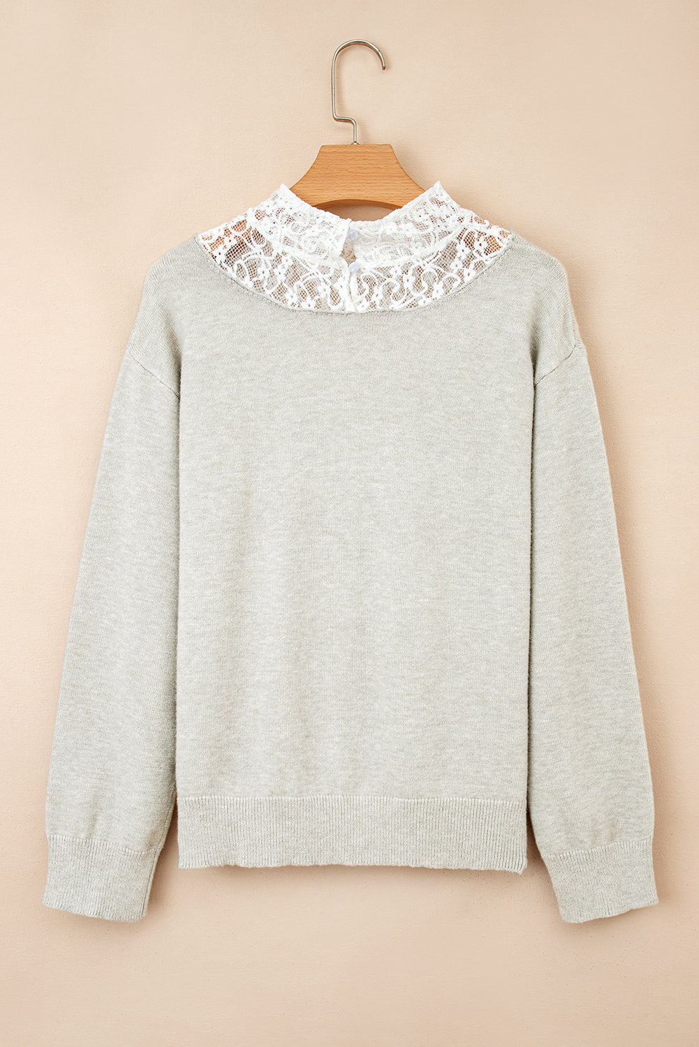Light Grey Button Keyhole Lace Patchwork Drop Shoulder Sweater Sweaters JT's Designer Fashion