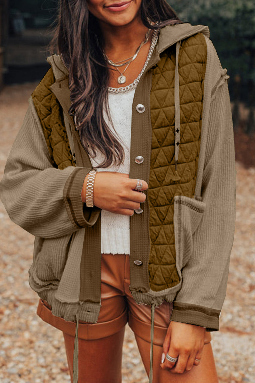 Jungle Green Quilted Textured Patchwork Loose Fit Hooded Jacket Jungle Green 95%Polyester+5%Elastane Jackets JT's Designer Fashion