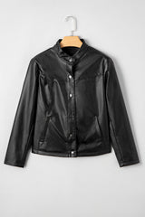 Black Faux Leather Buttoned Front Boxy Jacket Jackets JT's Designer Fashion
