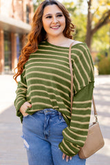 Green Stripe Drop Shoulder Casual Sweater Sweaters JT's Designer Fashion
