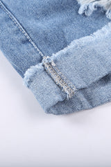 Distressed Ripped Rolled Hem Sky Blue Denim Shorts Denim Shorts JT's Designer Fashion