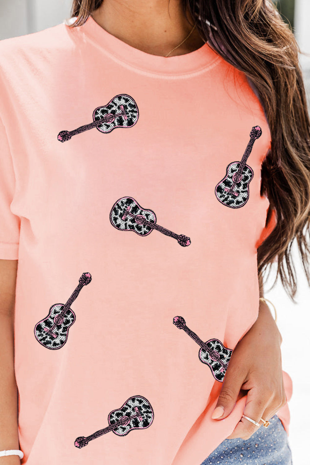 Pink Leopard Guitar Sequin Patch Crew Neck Tee Graphic Tees JT's Designer Fashion