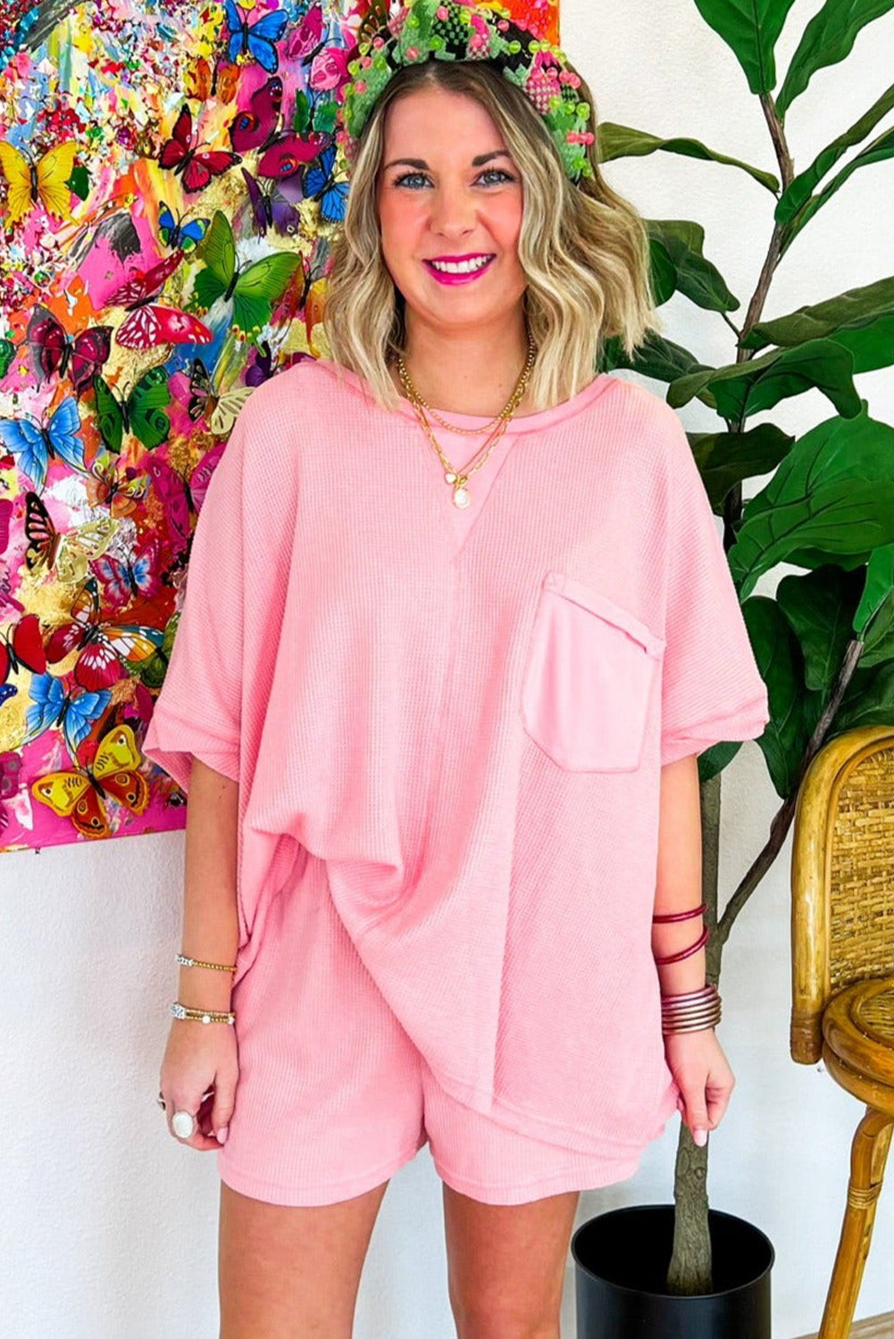 Light Pink Waffle Knit Oversize Tee and Shorts Set Short Sets JT's Designer Fashion