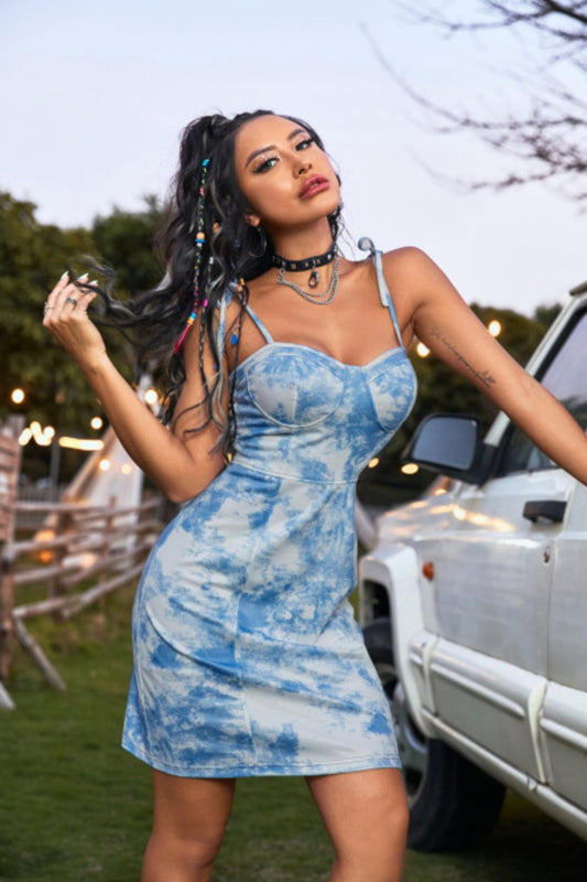 Tied Tie-Dye Sleeveless Mini Cami Dress Sky Blue Mini Dresses JT's Designer Fashion