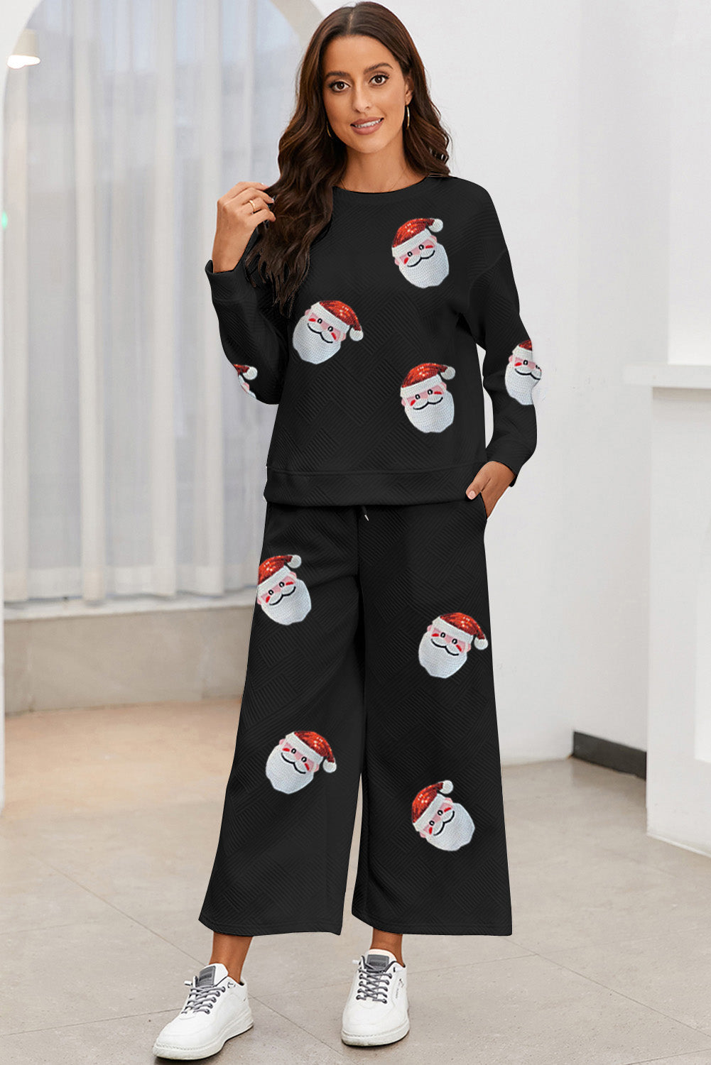 Black Christmas Sequined Santa Clause Print Textured Pants Set Graphic Sets JT's Designer Fashion