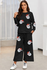 Black Christmas Sequined Santa Clause Print Textured Pants Set Graphic Sets JT's Designer Fashion