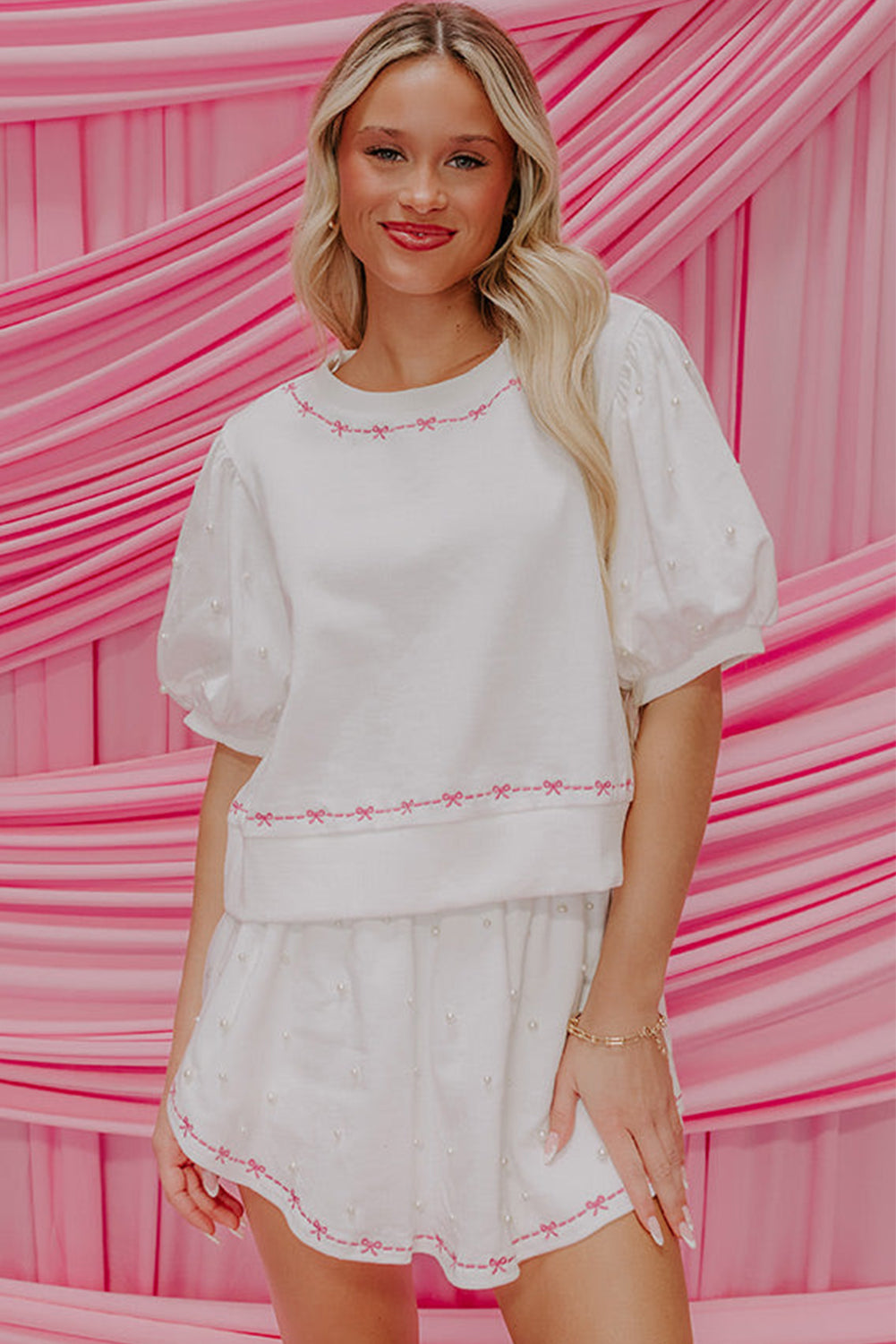 White Contrast Bow Trim Pearl Puff Sleeve Blouse and Skort 2pcs Set Short Sets JT's Designer Fashion