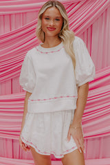 White Contrast Bow Trim Pearl Puff Sleeve Blouse and Skort 2pcs Set Short Sets JT's Designer Fashion