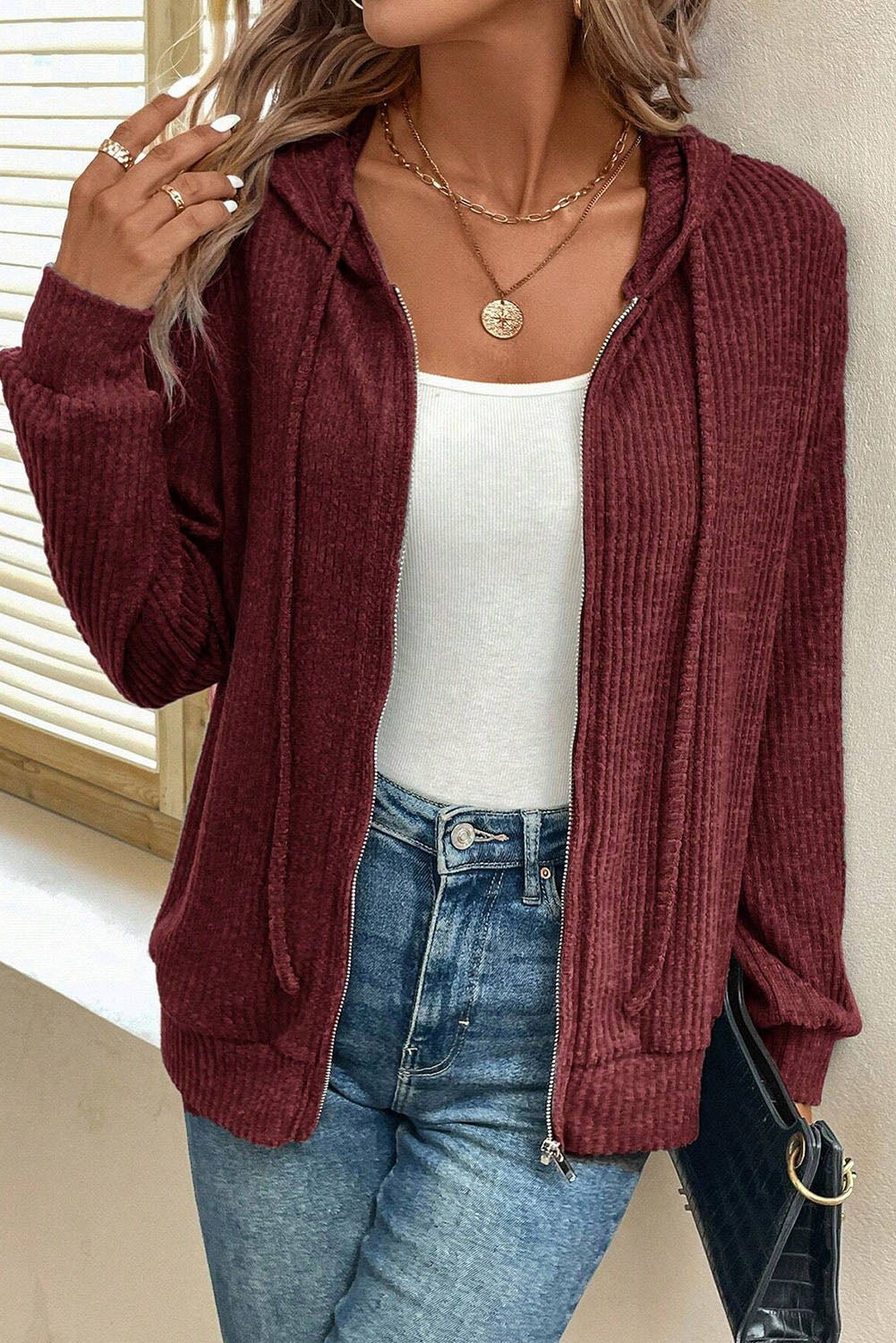 Red Dahlia Ribbed Zip Up Front Drawstring Hoodie Sweatshirts & Hoodies JT's Designer Fashion