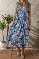Blue Floral Ruffle Strap Square Neck Smocked Bodice Midi Dress Floral Dresses JT's Designer Fashion