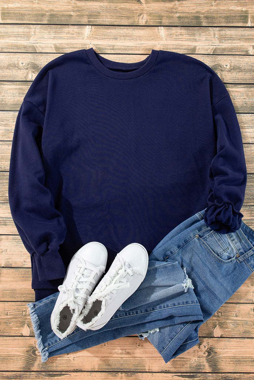 Navy Blue Solid Fleece Lined Drop Shoulder High Low Sweatshirt Sweatshirts & Hoodies JT's Designer Fashion