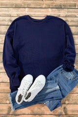 Navy Blue Solid Fleece Lined Drop Shoulder High Low Sweatshirt Sweatshirts & Hoodies JT's Designer Fashion