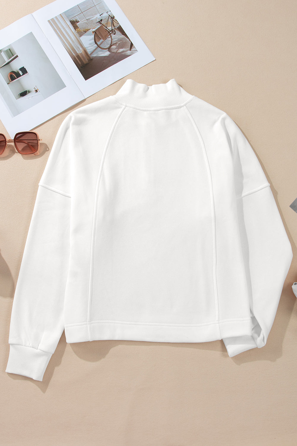 White Zipped Neck Pullover Drop Shoulder Sweatshirt Sweatshirts & Hoodies JT's Designer Fashion