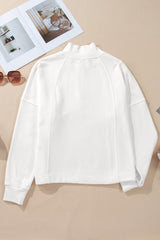 White Zipped Neck Pullover Drop Shoulder Sweatshirt Sweatshirts & Hoodies JT's Designer Fashion