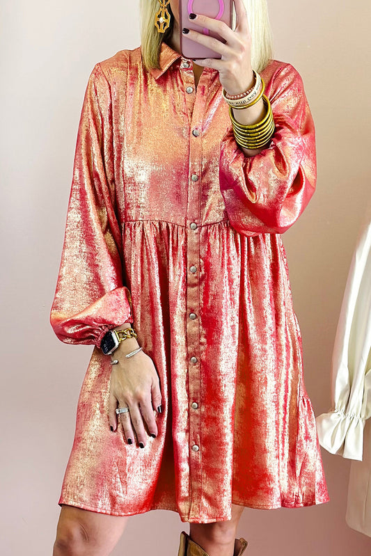 Peach Blossom Metallic Sheen Puff Sleeve Button Up Mini Shirt Dress Mini Dresses JT's Designer Fashion