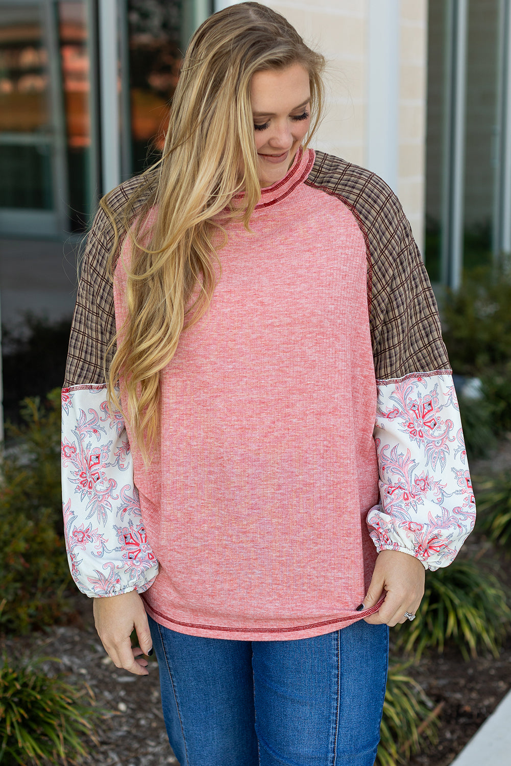 Pink Checkered Paisley Patchwork Raglan Sleeve Seamed Plus Size Top Plus Size Long Sleeve Tops JT's Designer Fashion