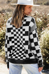 Black Checkered Print Drop Shoulder Round Neck Sweater Sweaters JT's Designer Fashion