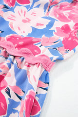 Pink Floral Printed V Notched Ric Rac Flutter Sleeve Dress Floral Dresses JT's Designer Fashion