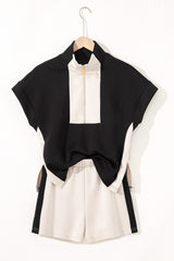 Black Contrast Zipped Stand Collared T Shirt and Short Set Short Sets JT's Designer Fashion