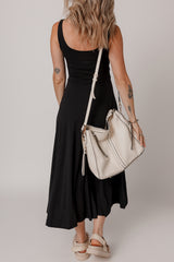 Black Sleeveless Scoop Neck Flared Split Midi Dress Midi Dresses JT's Designer Fashion