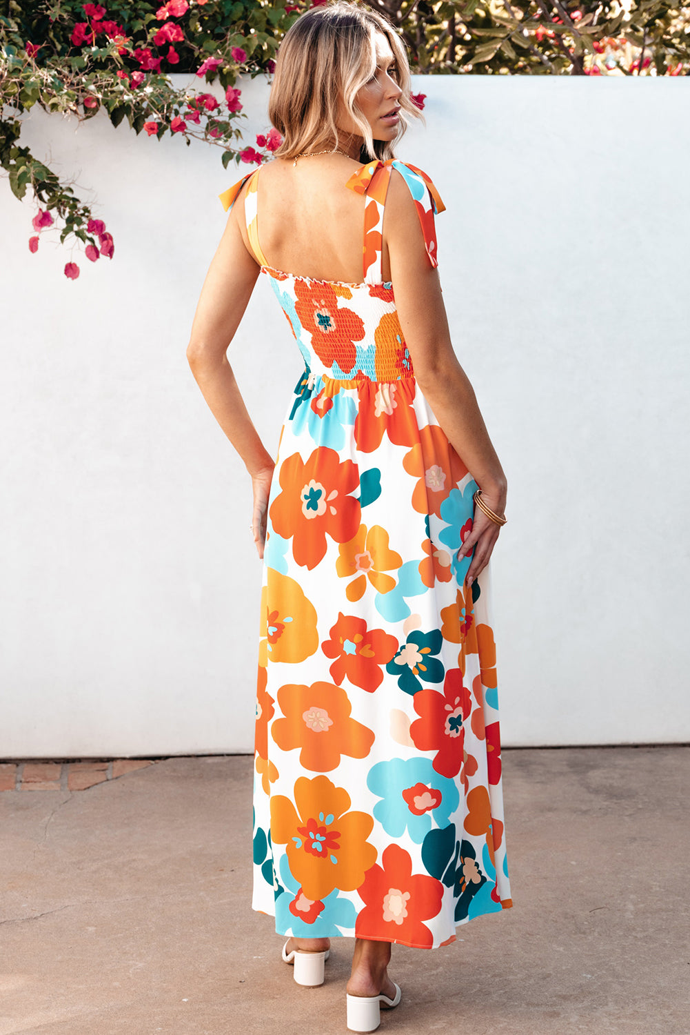 Orange Floral Self Tied Straps Smocked Bust Maxi Dress Floral Dresses JT's Designer Fashion