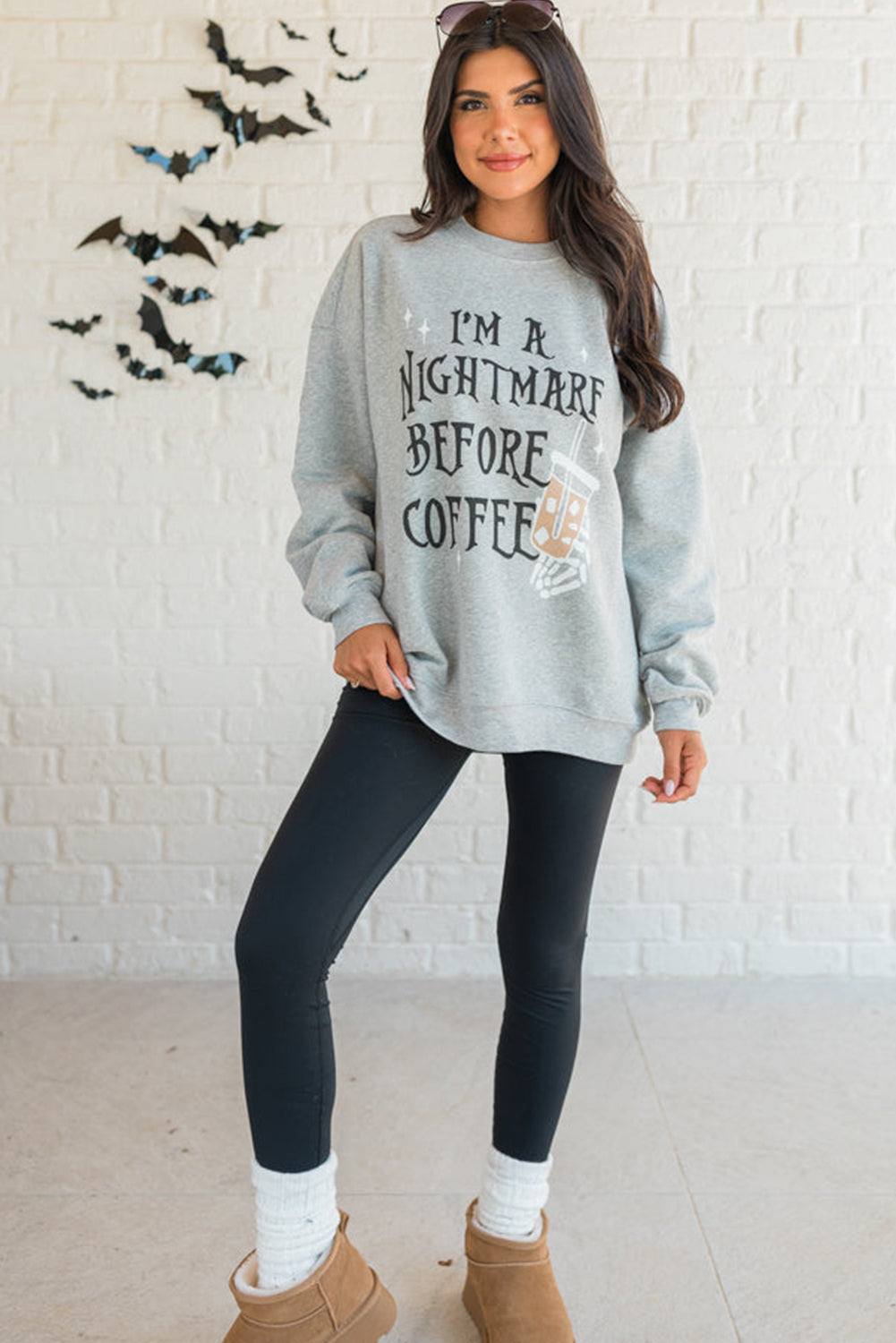 Gray I'M A NIGHTMARE BEFORE COFFEE Graphic Crewneck Sweatshirt Graphic Sweatshirts JT's Designer Fashion