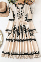 Beige Western Pattern Print Tasseled Notch V Neck Mini Dress Mini Dresses JT's Designer Fashion