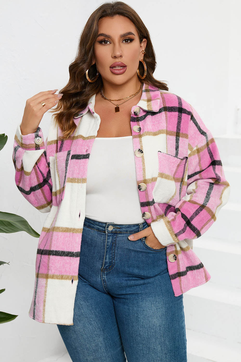 Pink Plaid Color Block Buttoned Long Sleeve Jacket with Pocket Plaid Shackets JT's Designer Fashion
