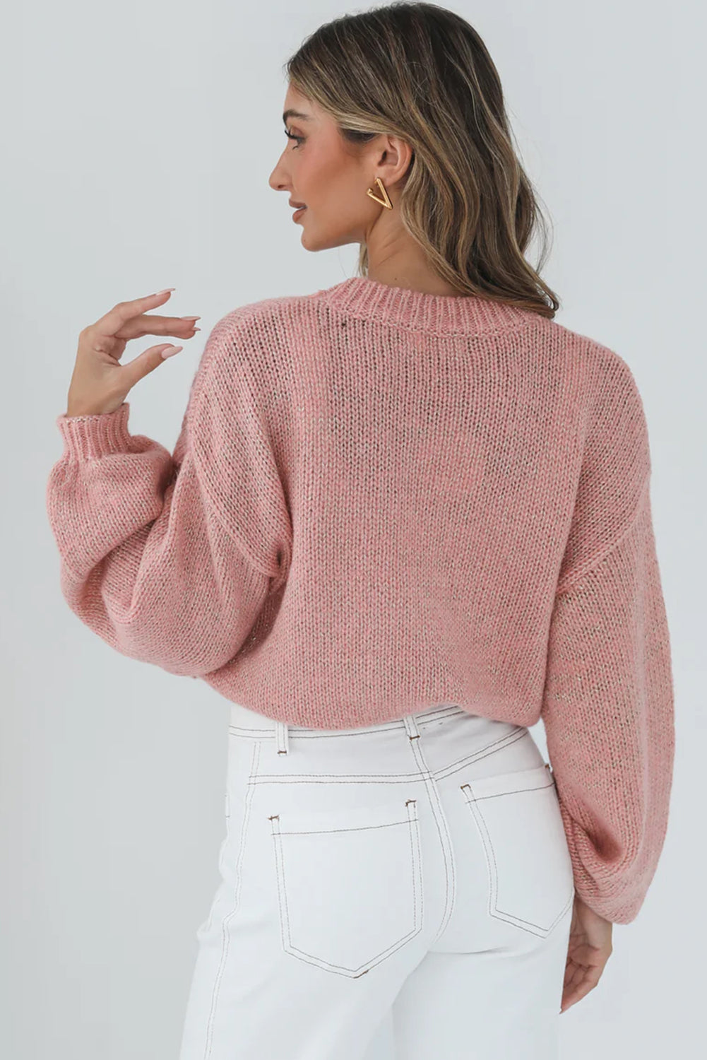 Peach Blossom Big Flower Accent Bubble Sleeve Drop Shoulder Sweater Sweaters JT's Designer Fashion