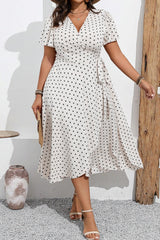 Khaki Polka Dot Surplice V Neck Tied Waist Flutter Sleeve Flowy Plus Size Midi Dress Plus Size Midi Dresses JT's Designer Fashion