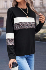 White Leopard Colorblock Patchwork Crew Neck Long Sleeve Tee Long Sleeve Tops JT's Designer Fashion