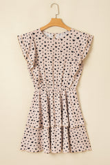 Khaki Heart Printed Flutter Sleeve Cinched Waist Tiered Ruffle Mini Dress Mini Dresses JT's Designer Fashion