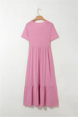 Pink Solid Color T-shirt High Waist Pocketed Long Dress Maxi Dresses JT's Designer Fashion