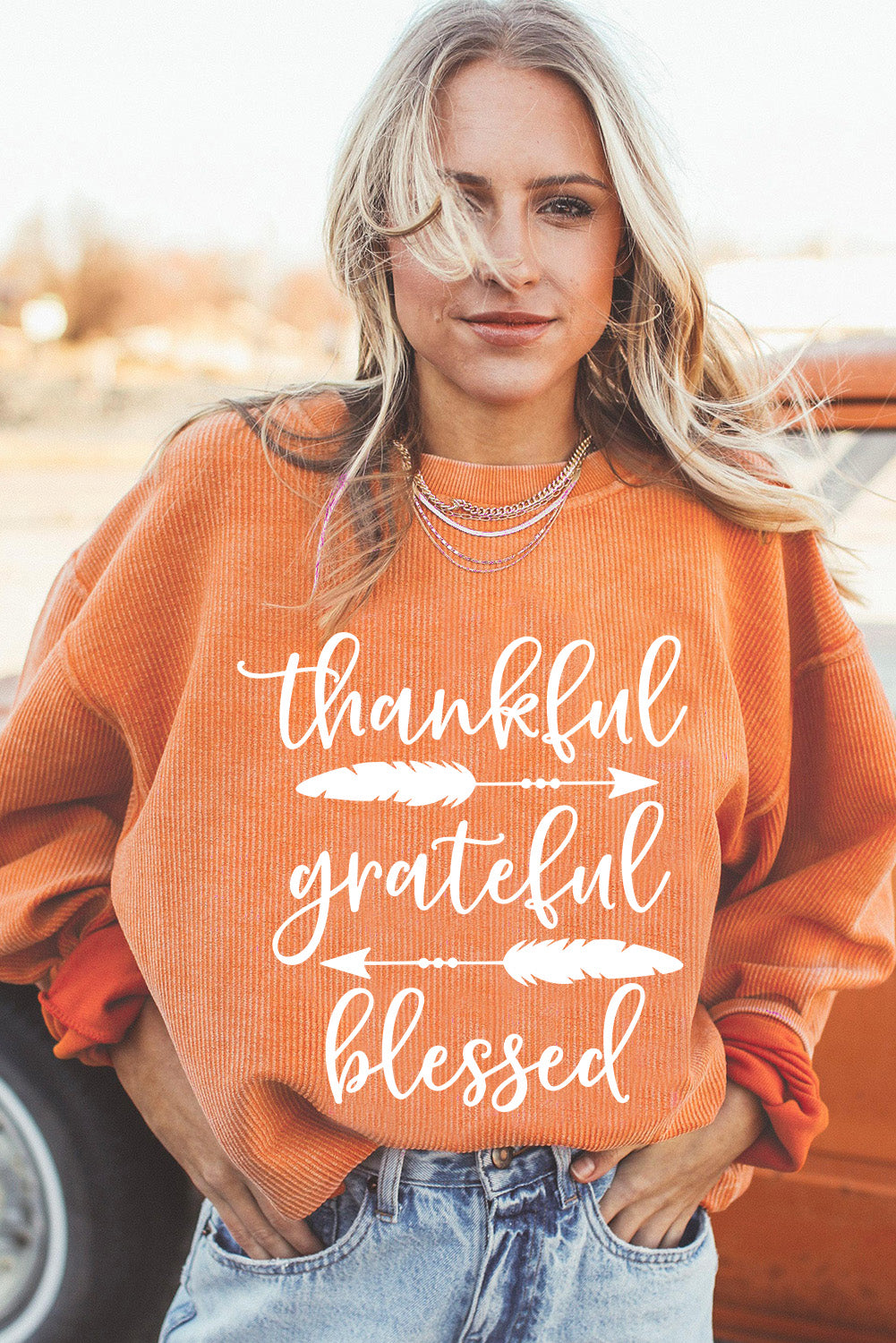 Orange thankful grateful blessed Arrow Graphic Corded Sweatshirt Graphic Sweatshirts JT's Designer Fashion