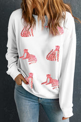 Beige Sequin Cheetah O Neck Drop Shoulder Sweatshirt Graphic Sweatshirts JT's Designer Fashion