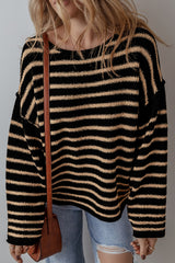 Black Stripe Drop Shoulder Round Neck Loose Sweater Sweaters JT's Designer Fashion