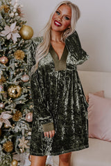 Jungle Green Velvet Long Sleeve V Neck Loose Dress with Pockets Mini Dresses JT's Designer Fashion