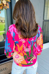 Rose Blooming Flower Print Ruffled Puff Sleeve Blouse Blouses & Shirts JT's Designer Fashion