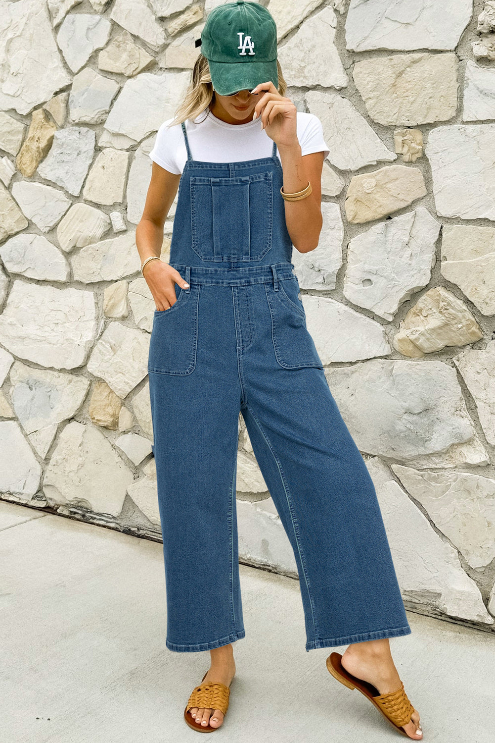 Dusk Blue Adjustable Tie Straps Cropped Wide Leg Denim Overalls Jumpsuits & Rompers JT's Designer Fashion