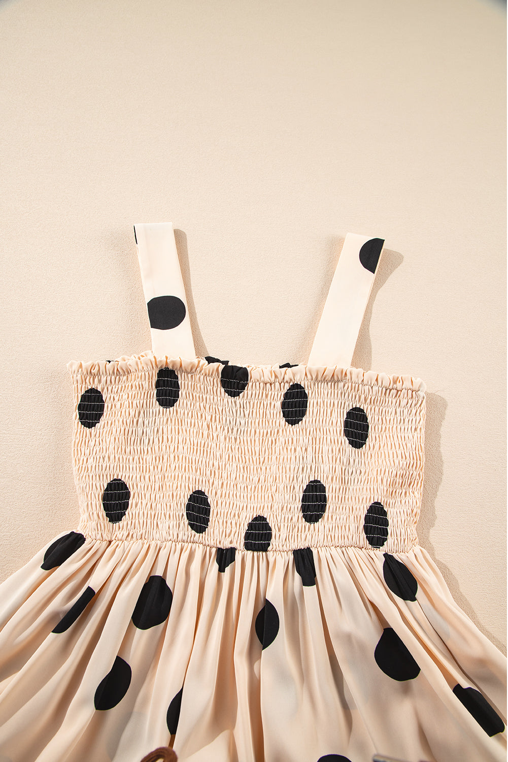 Oatmeal Polka Dot Smocked Fit Flared Sleeveless Long Dress Maxi Dresses JT's Designer Fashion