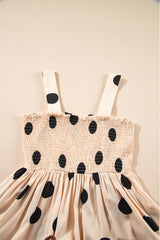 Oatmeal Polka Dot Smocked Fit Flared Sleeveless Long Dress Maxi Dresses JT's Designer Fashion