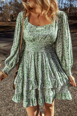 Green Floral Print Square Neck Shirred Waist Tiered Ruffled Mini Dress Green 100%Polyester Floral Dresses JT's Designer Fashion
