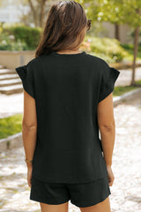 Black Textured Ruffle Split Top and Drawstring Shorts Short Sets JT's Designer Fashion