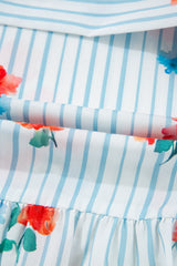 Sky Blue Stripe Floral Pattern Ruffle Short Sleeve Belted Mini Dress Dresses JT's Designer Fashion