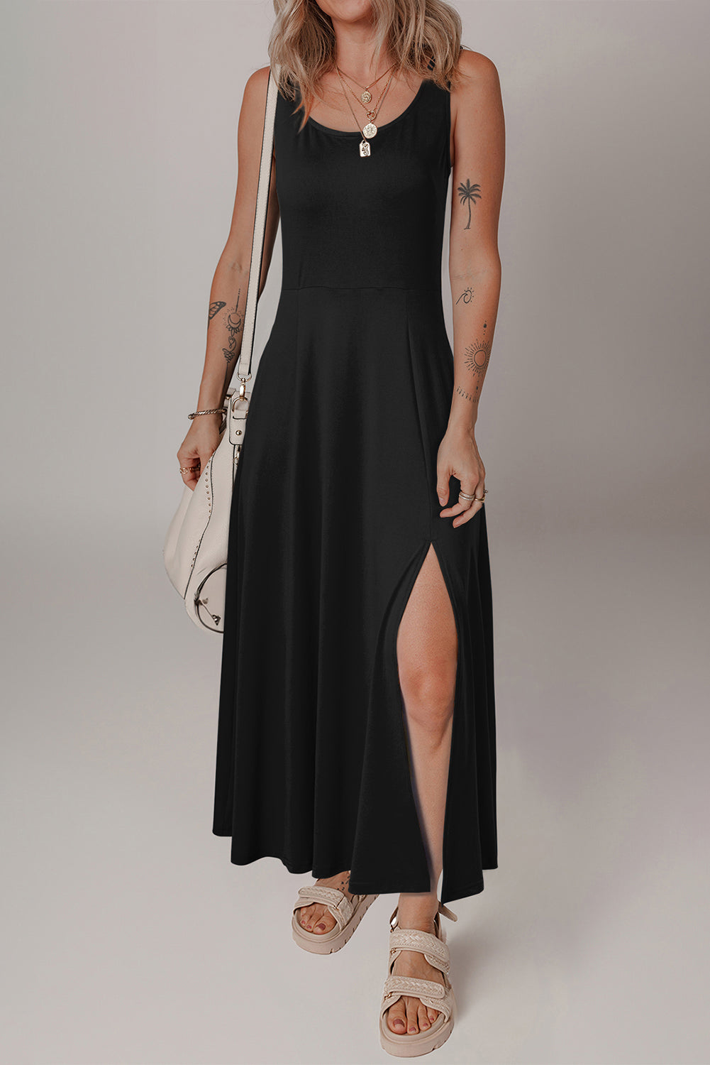Black Sleeveless Scoop Neck Flared Split Midi Dress Midi Dresses JT's Designer Fashion