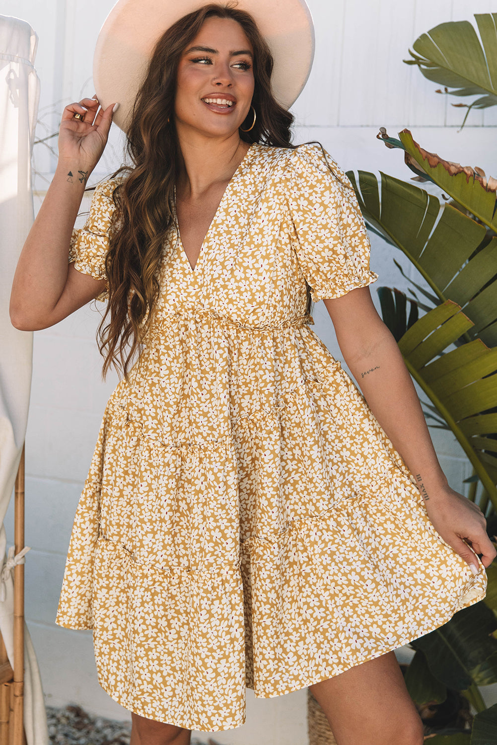 Yellow Floral Short Sleeve V Neck Frilly Tiered Mini Dress Floral Dresses JT's Designer Fashion