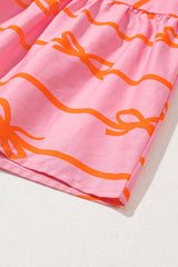 Pink Bowknot Striped Printed Bubble Sleeve Buttoned Belted Mini Dress Mini Dresses JT's Designer Fashion