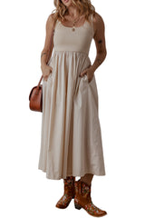 Beige Scoop Neck Ribbed Bodice Pleated Sleeveless Long Dress Maxi Dresses JT's Designer Fashion