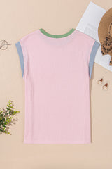 Pink Sequined MAMA Graphic Corded Rib Knit Colorblock T Shirt Graphic Tees JT's Designer Fashion